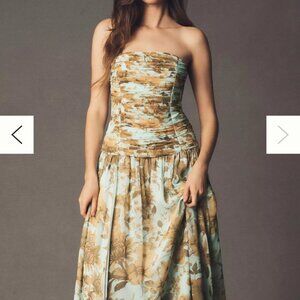 NWT BHLDN Strapless Ruched Chiffon A-Line Maxi Dress Blue/Tan Size 4 Bridesmaid